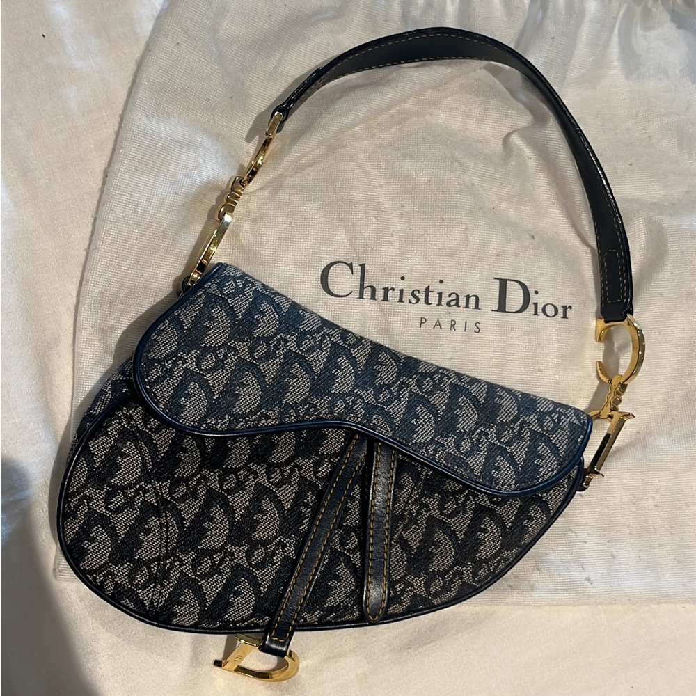 Authentic Vintage Christian Dior Mini Saddle Bag - Navy Canvas/Gold Hardware